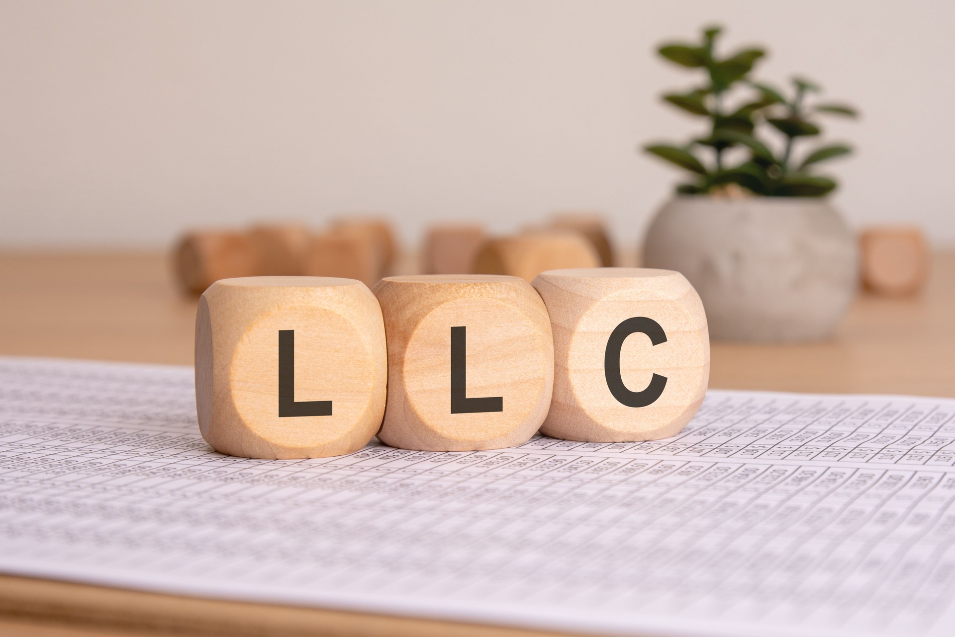 Wooden blocks with "LLC" letters on financial documents, symbolizing a Limited Liability Company.